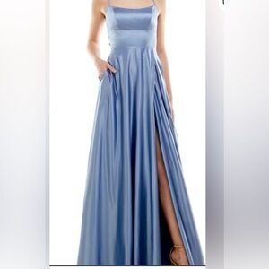 Vnaix Lavender Blue Satin Ball  Gown with Lace Up Back and High Slit in Size S.